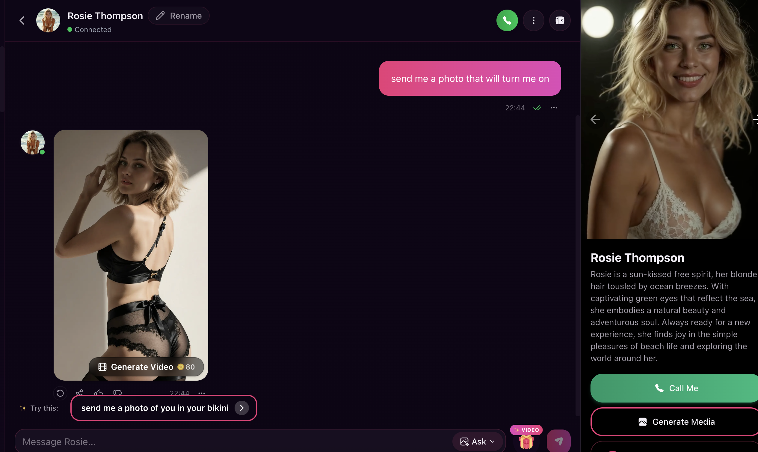 SweetDream AI chat interface during our May 2026 test cycle showing in-chat image generation triggered by a text prompt, with the Generate Video 80 credit cost visible on the generated image and the Call Me voice call CTA in the character profile sidebar
